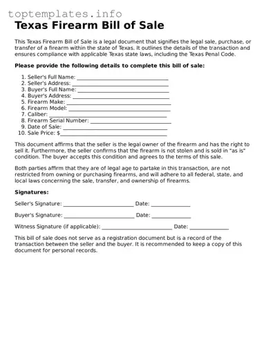 Printable Firearm Bill of Sale Document for the State of Texas