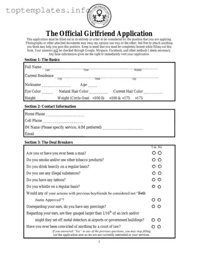 Fill in Your Girlfriend Application Form