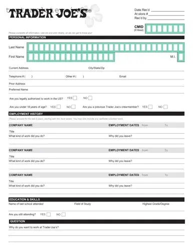 Fill in Your Trader Joe's application Form