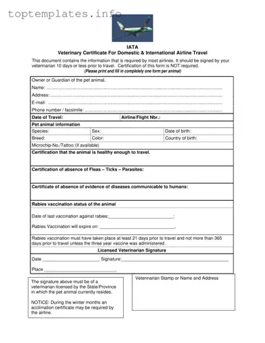 Fill in Your Veterinary Certificate Travel Form