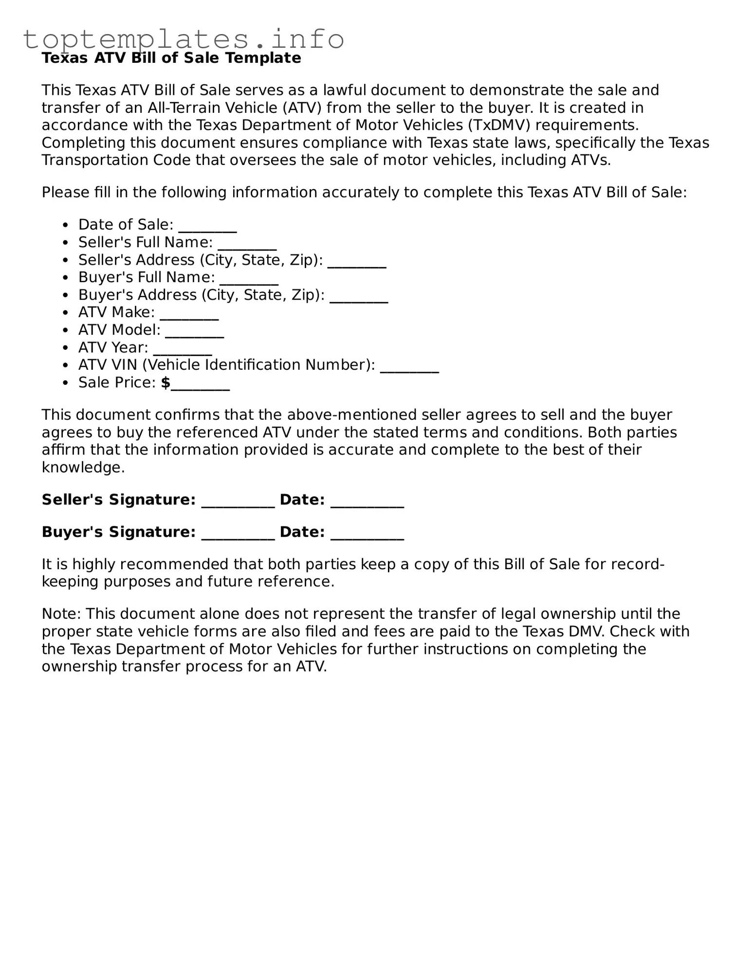 Printable ATV Bill of Sale Document for the State of Texas