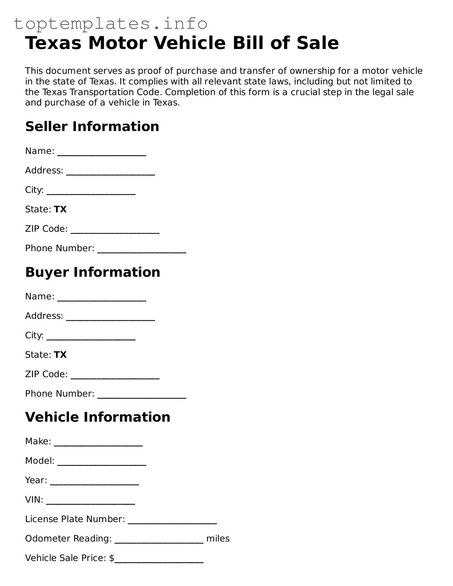 Printable Motor Vehicle Bill of Sale Document for the State of Texas