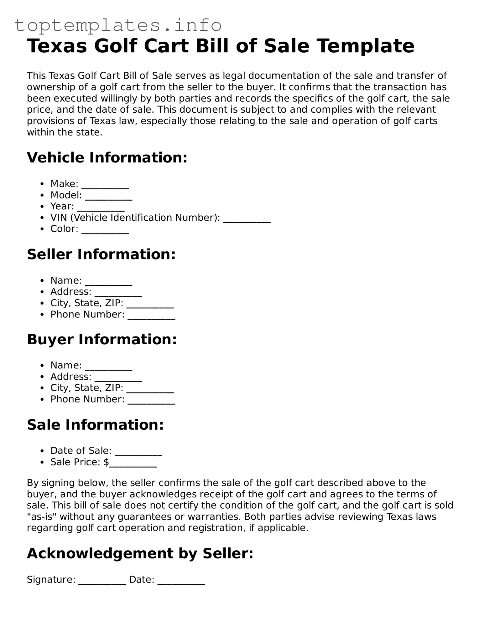 Printable Golf Cart Bill of Sale Document for the State of Texas