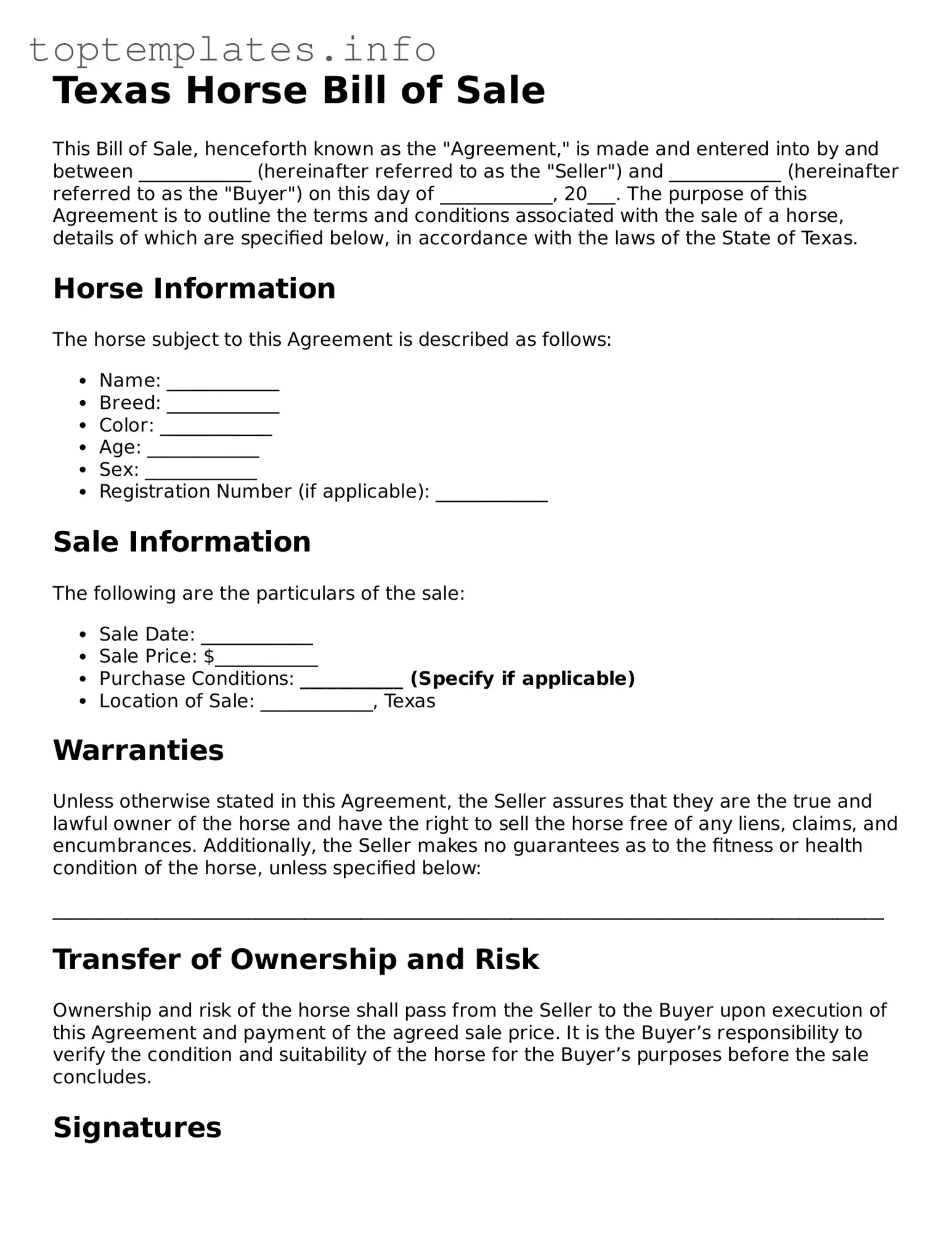 Printable Horse Bill of Sale Document for the State of Texas
