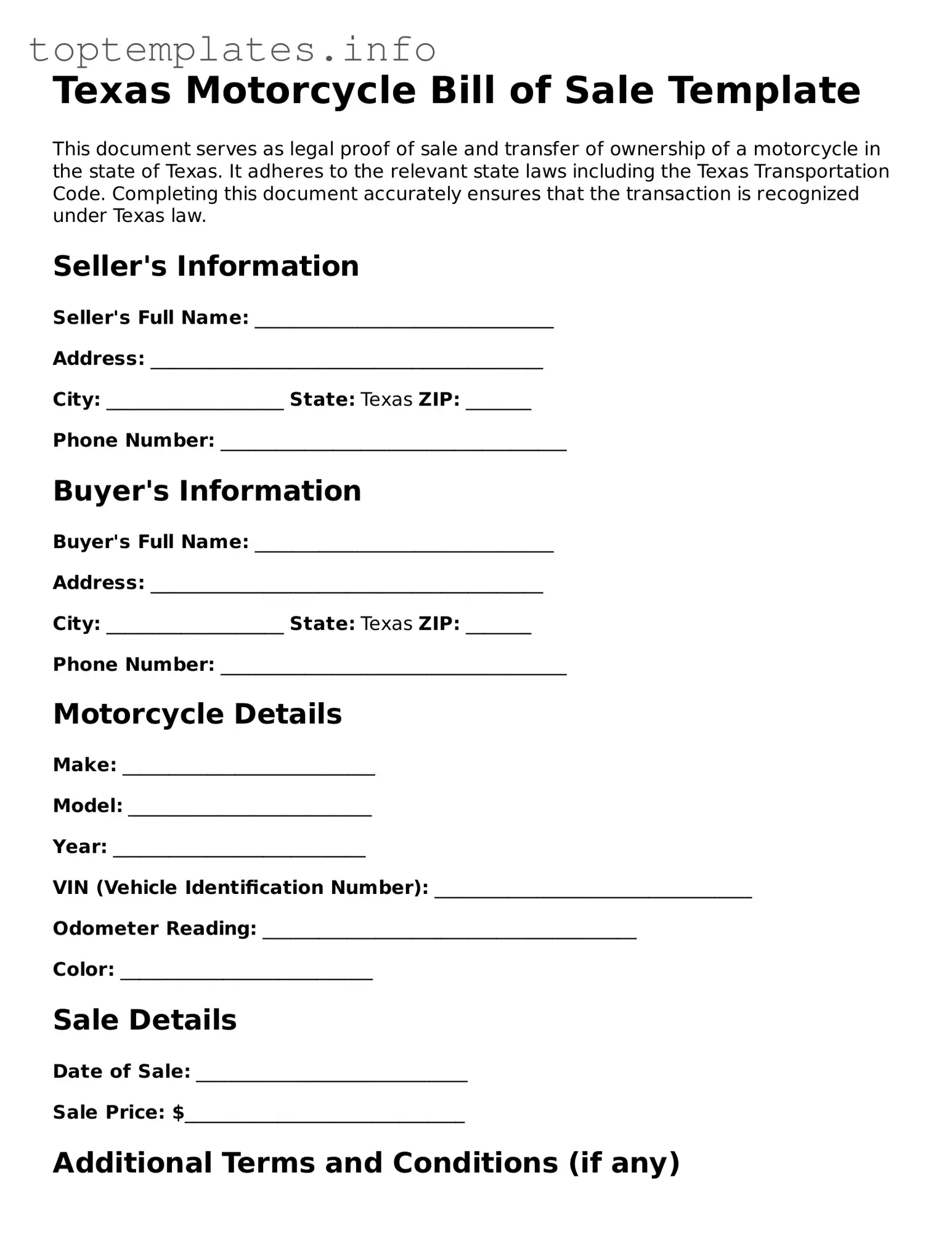 Printable Motorcycle Bill of Sale Document for the State of Texas