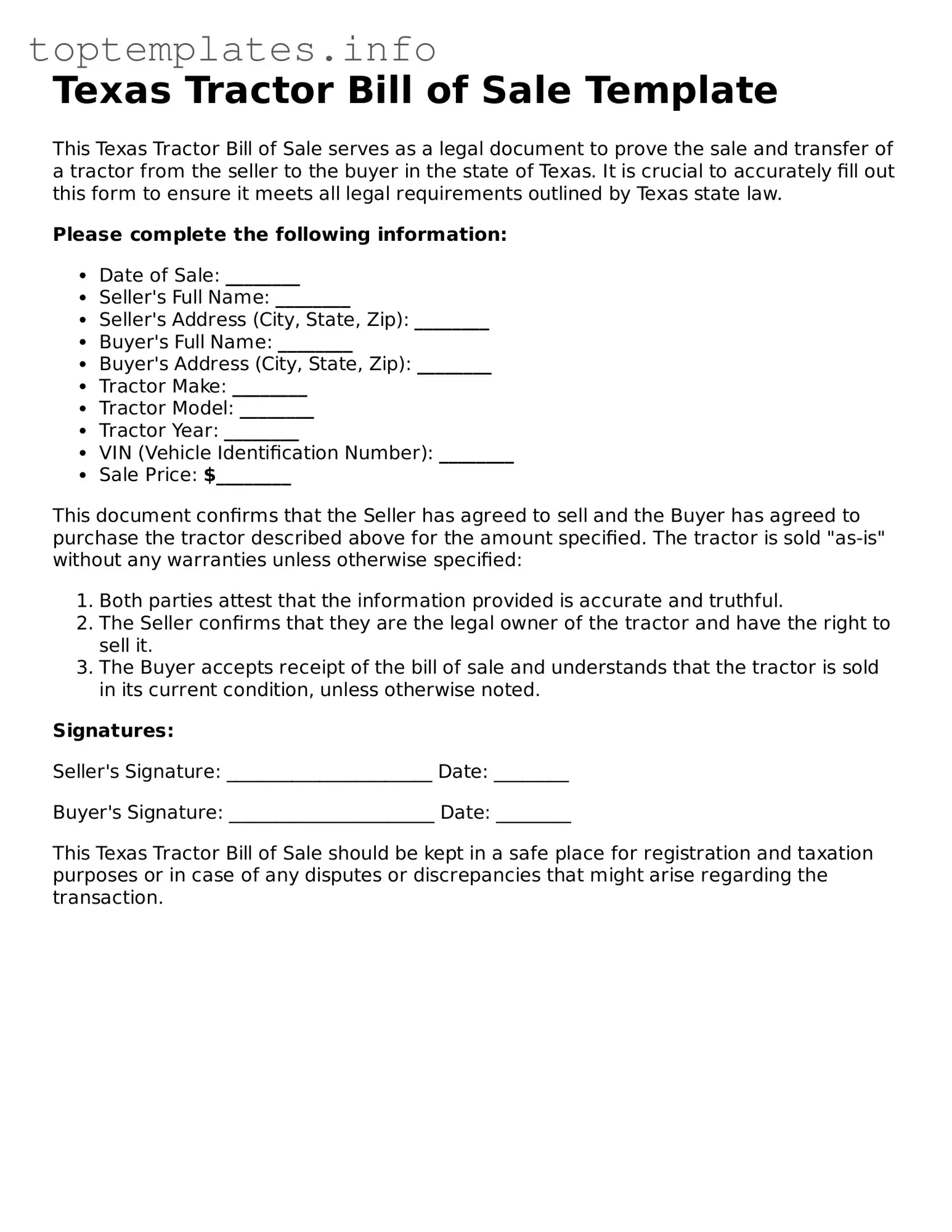Printable Tractor Bill of Sale Document for the State of Texas