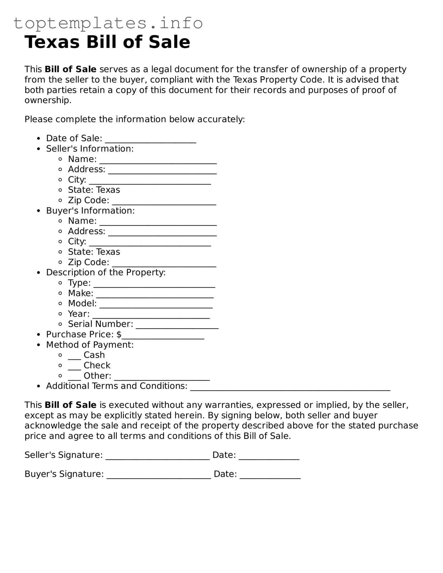 Printable Bill of Sale Document for the State of Texas