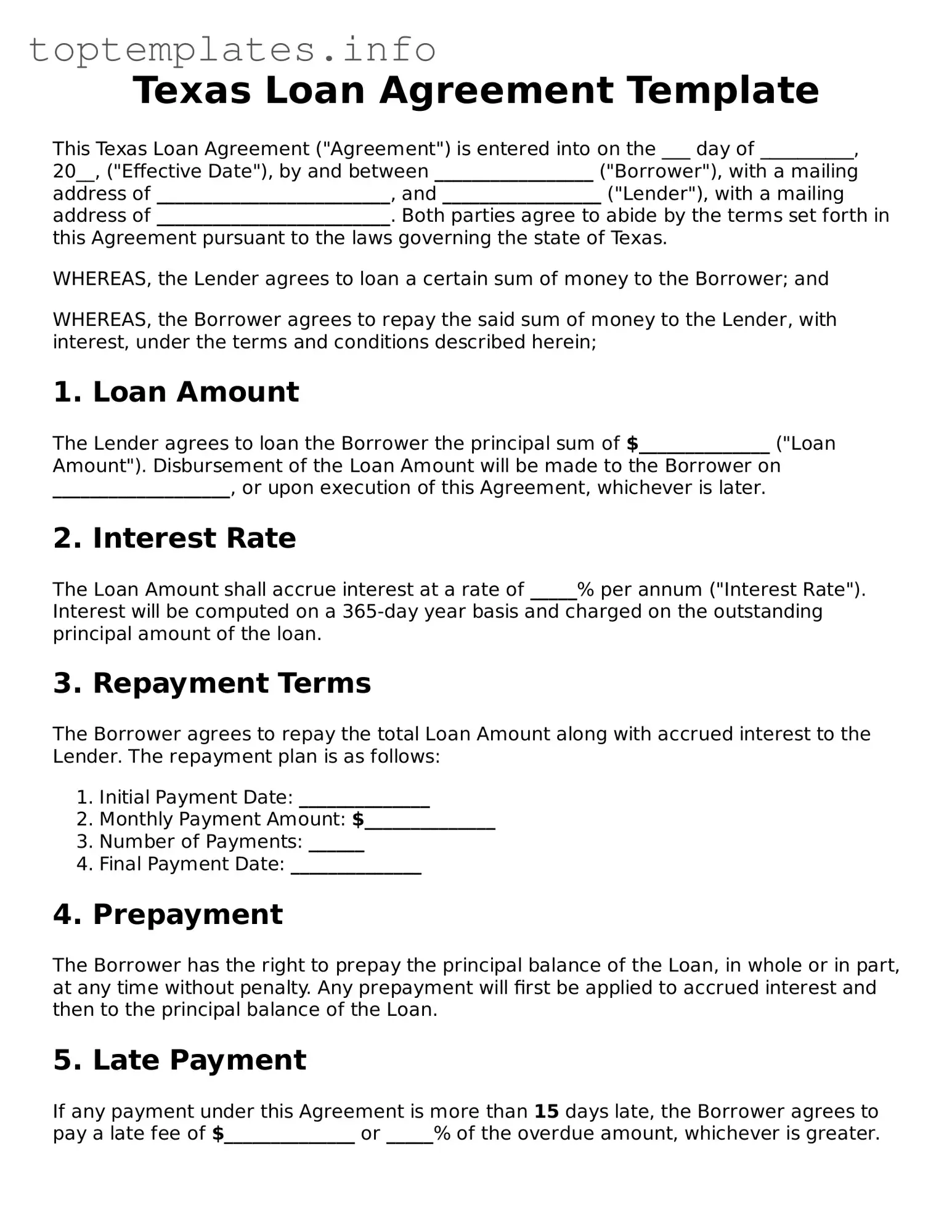 Printable Loan Agreement Document for the State of Texas