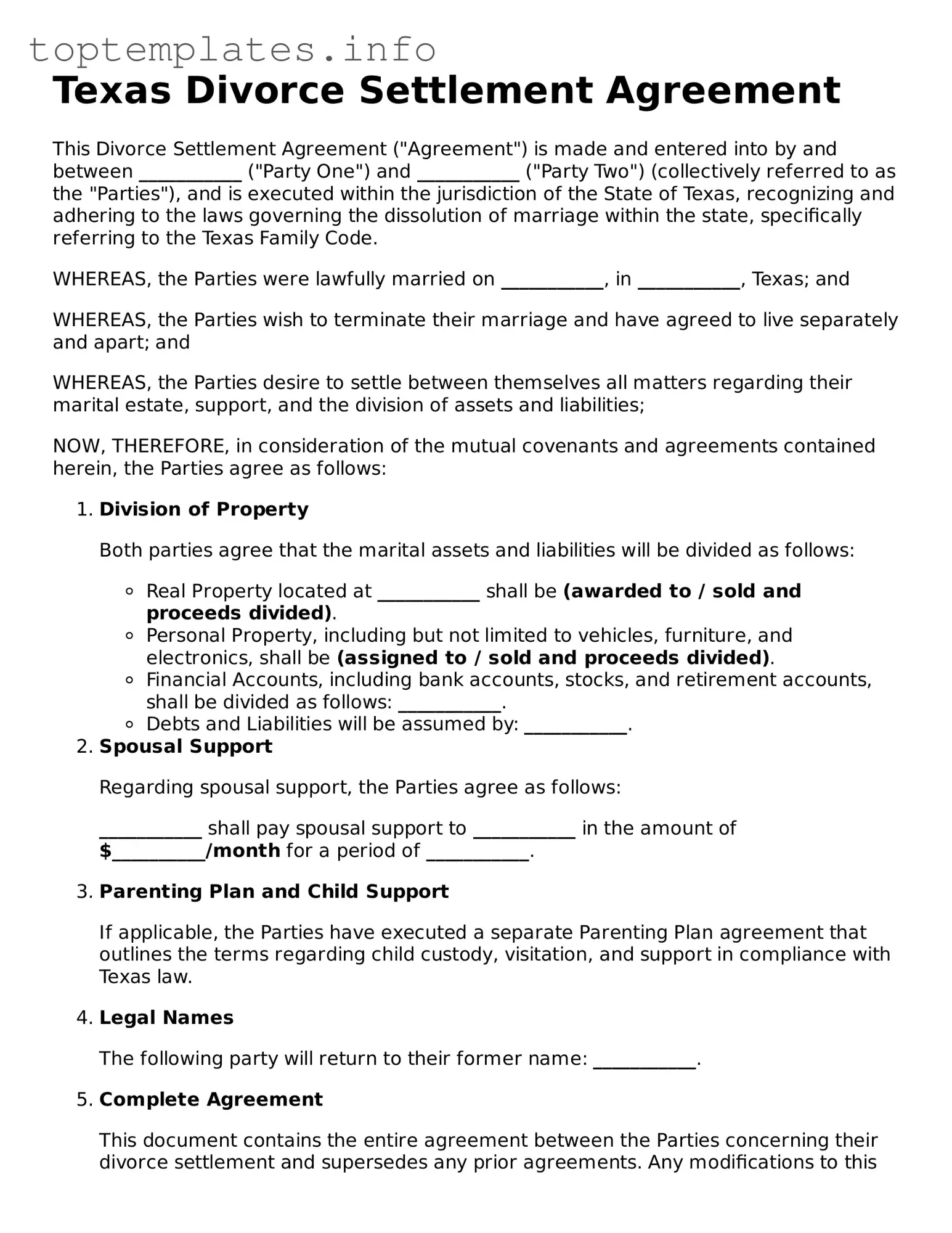 Printable Divorce Settlement Agreement Document for the State of Texas