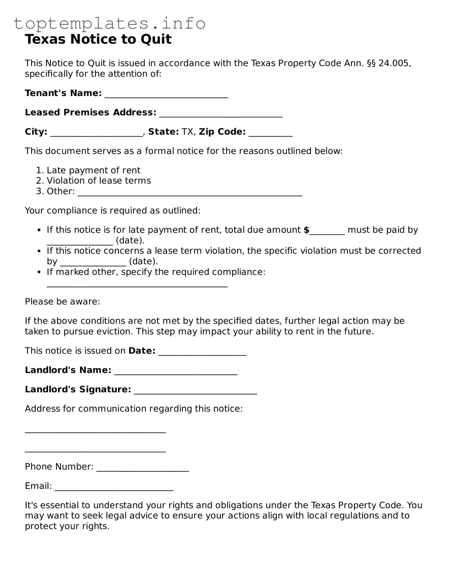 Printable Notice to Quit Document for the State of Texas