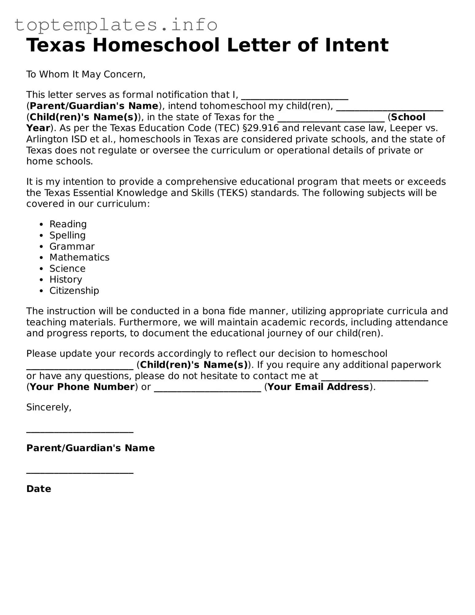 Printable Homeschool Letter of Intent Document for the State of Texas