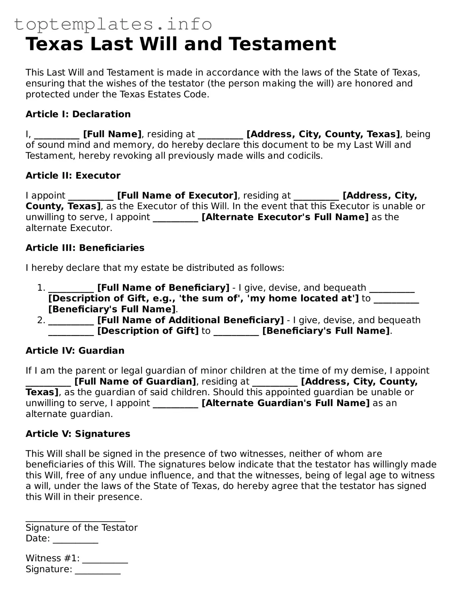 Printable Last Will and Testament Document for the State of Texas