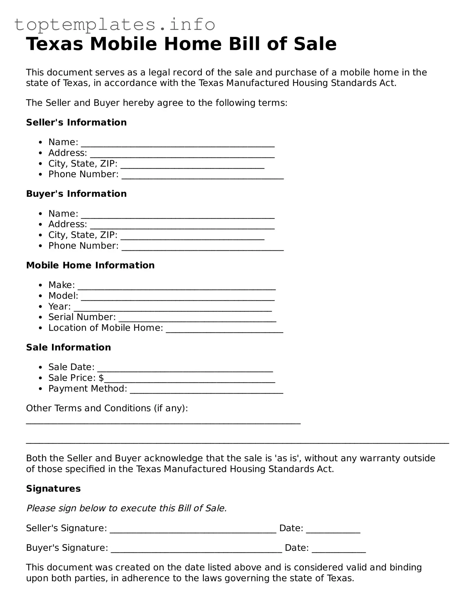 Printable Mobile Home Bill of Sale Document for the State of Texas