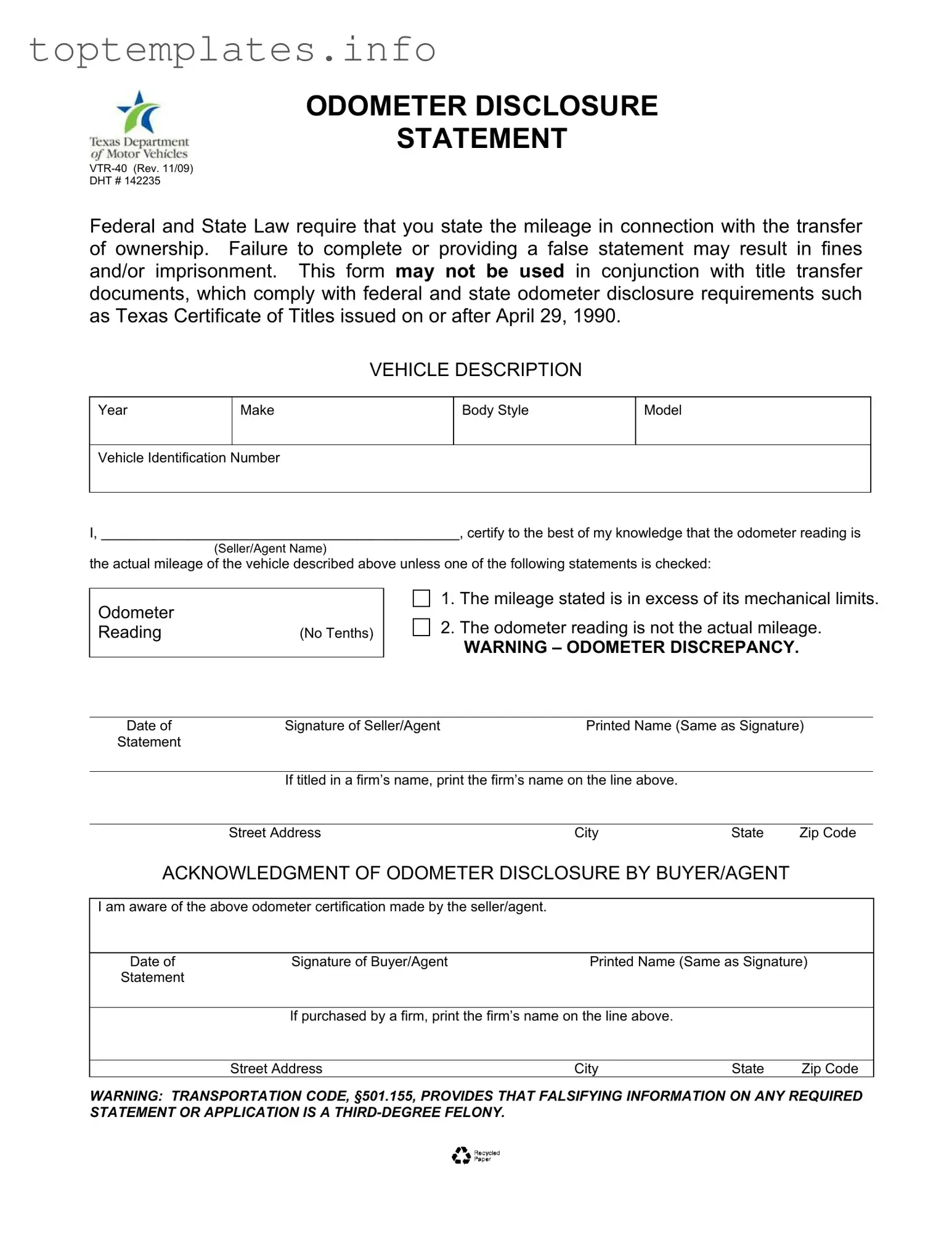 Fill in Your Texas Odometer Statement Form