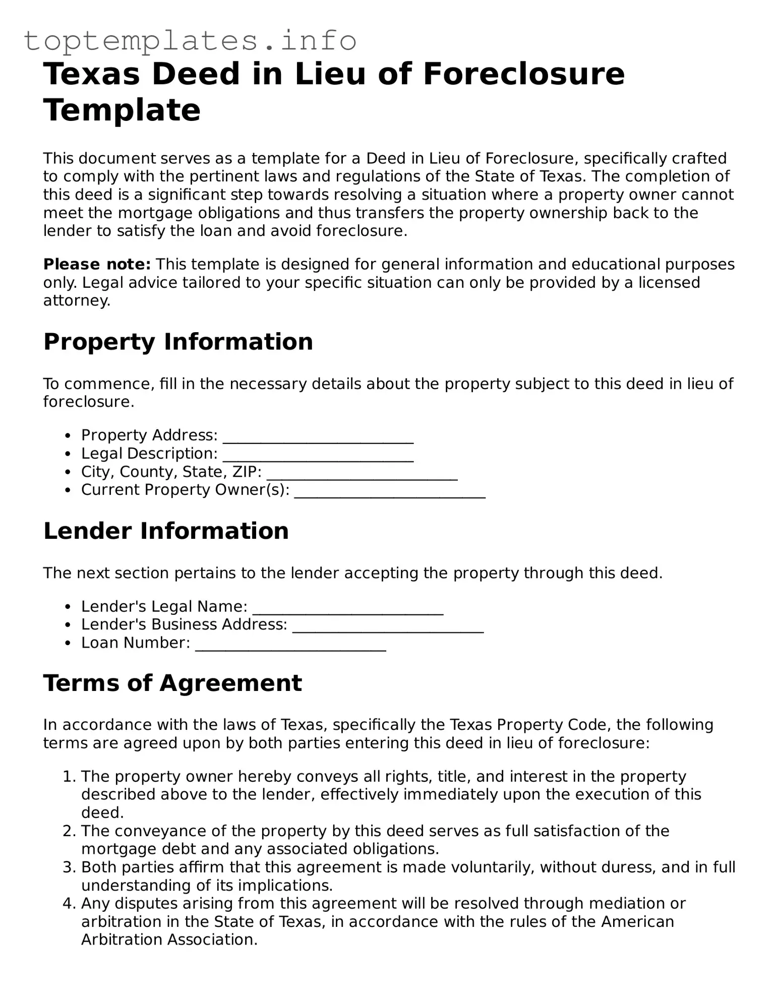 Printable Deed in Lieu of Foreclosure Document for the State of Texas