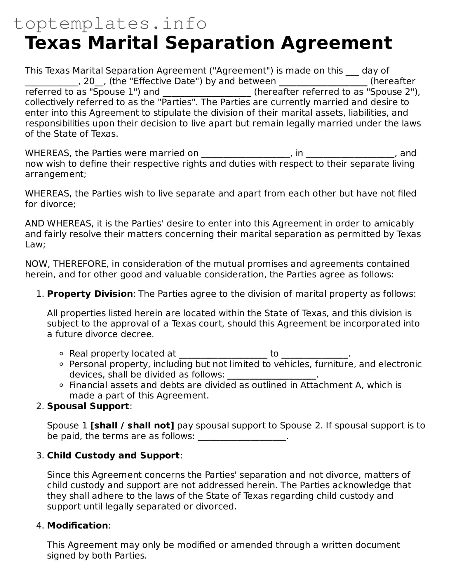 Printable Marital Separation Agreement Document for the State of Texas