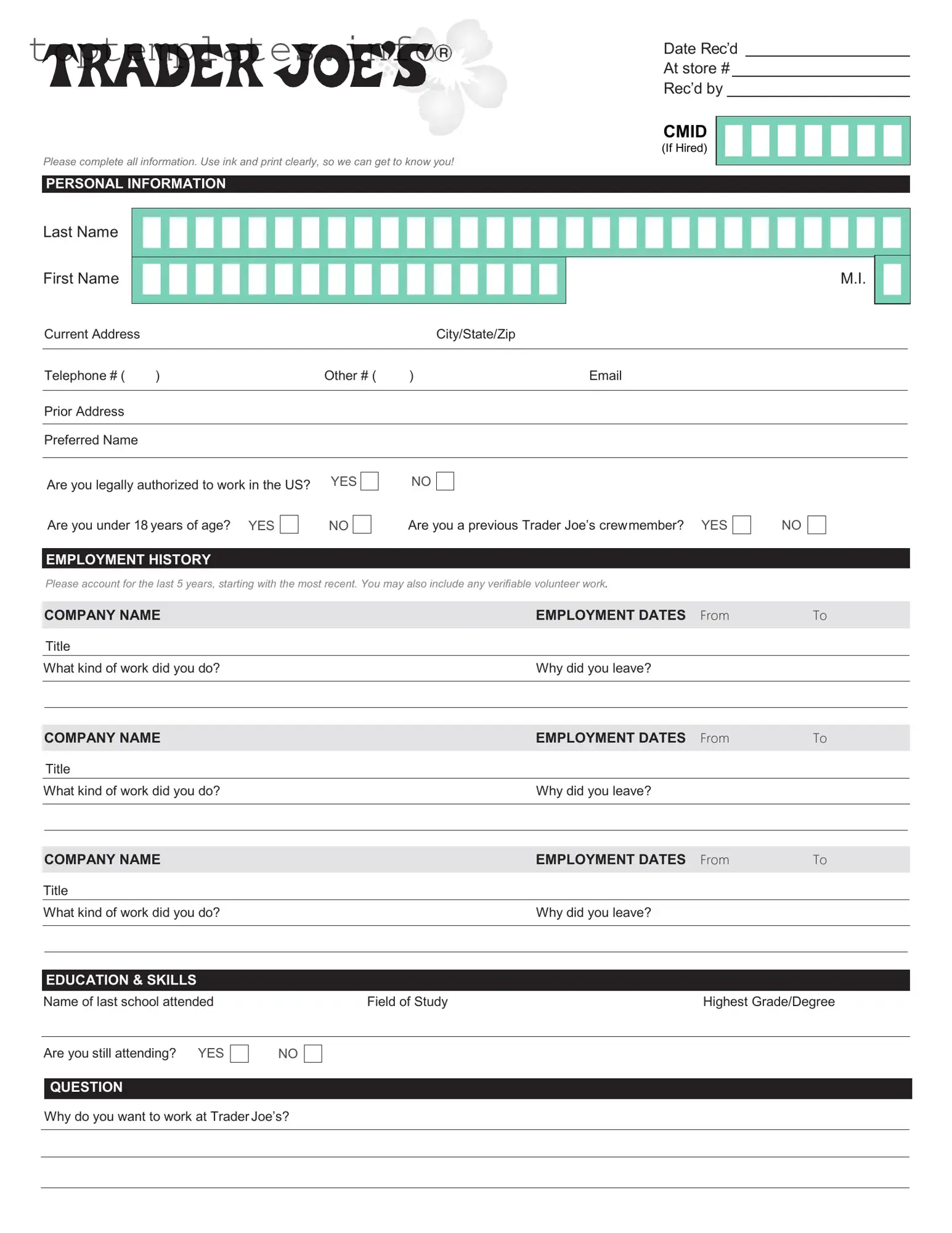 Fill in Your Trader Joe's application Form