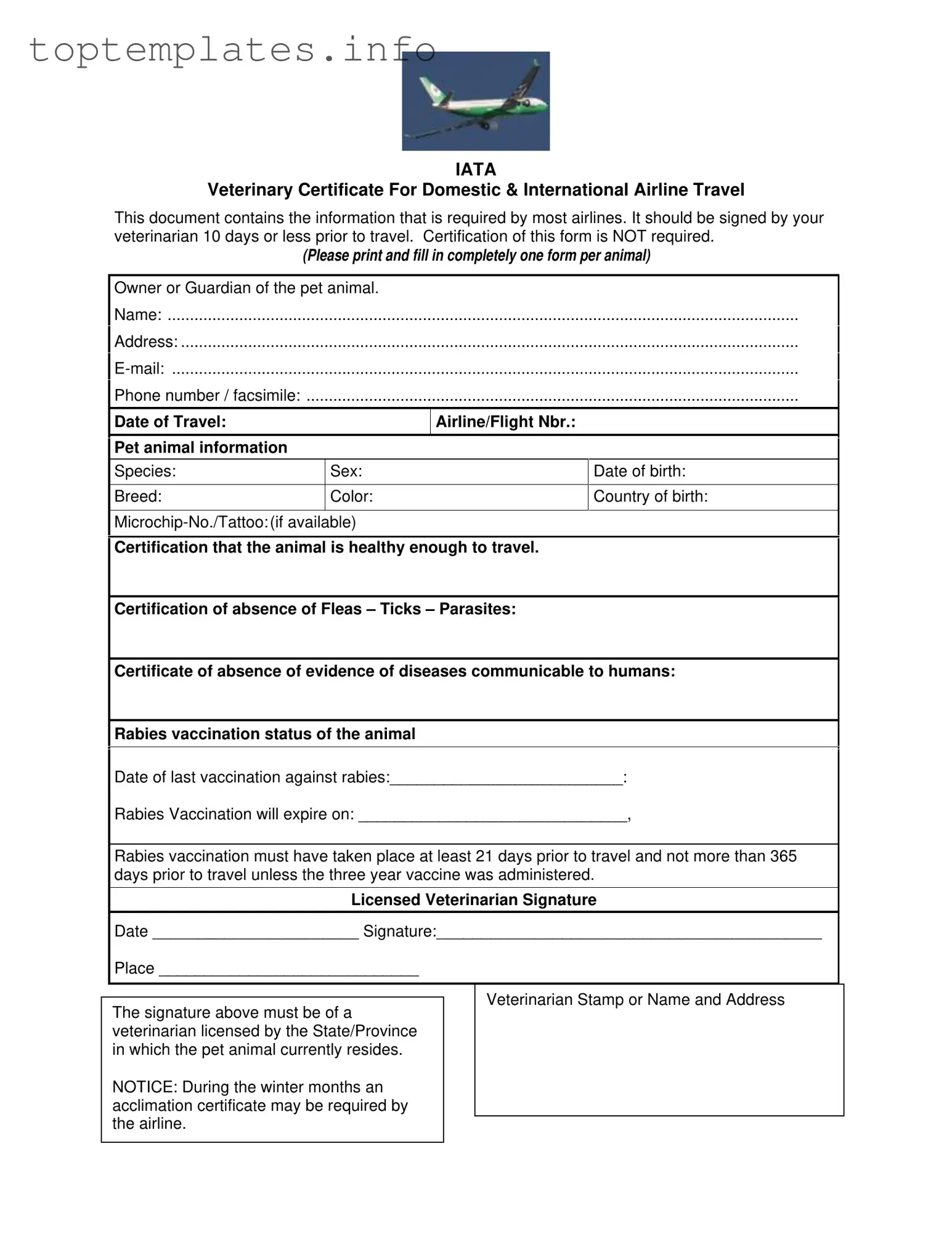 Fill in Your Veterinary Certificate Travel Form